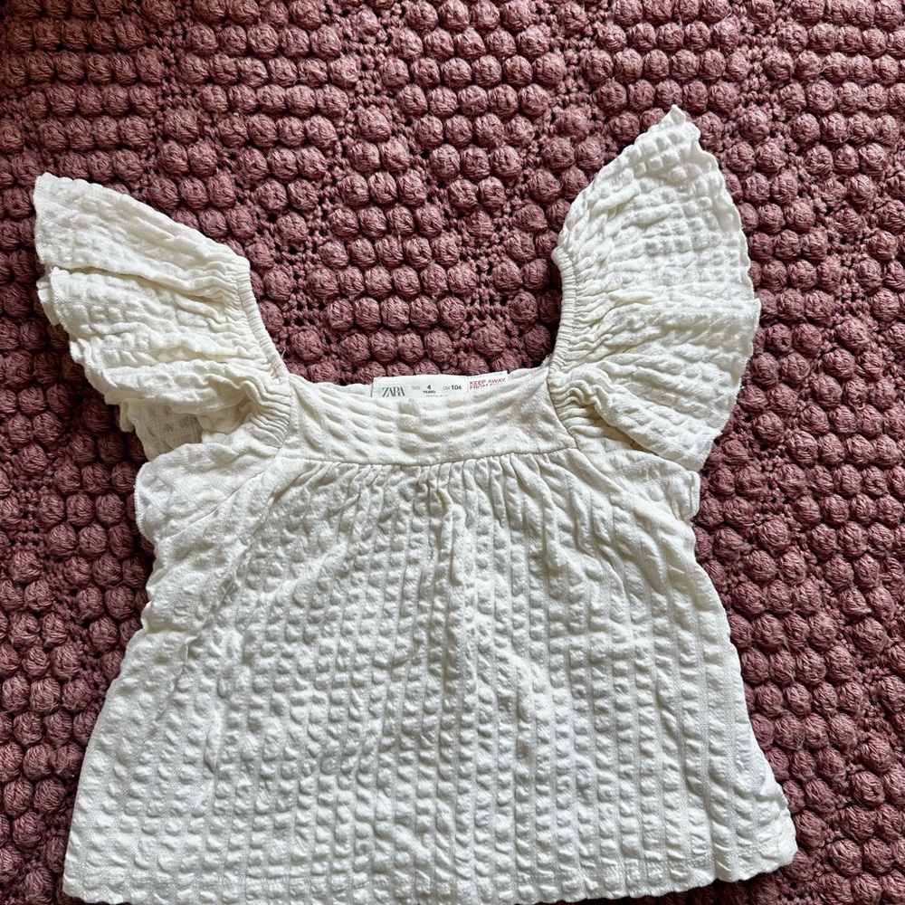 Zara Cream Waffle-Texture Flutter Sleeve Top